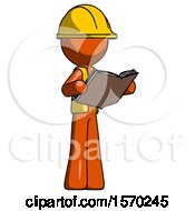 Poster, Art Print Of Orange Construction Worker Contractor Man Reading Book While Standing Up Facing Away
