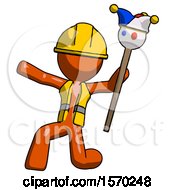 Poster, Art Print Of Orange Construction Worker Contractor Man Holding Jester Staff Posing Charismatically