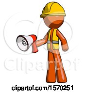 Poster, Art Print Of Orange Construction Worker Contractor Man Holding Megaphone Bullhorn Facing Right