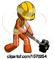 Poster, Art Print Of Orange Construction Worker Contractor Man Hitting With Sledgehammer Or Smashing Something At Angle