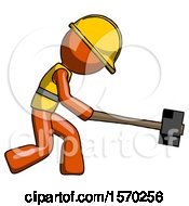 Poster, Art Print Of Orange Construction Worker Contractor Man Hitting With Sledgehammer Or Smashing Something