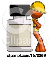 Poster, Art Print Of Orange Construction Worker Contractor Man Leaning Against Large Medicine Bottle