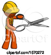 Poster, Art Print Of Orange Construction Worker Contractor Man Holding Giant Scissors Cutting Out Something