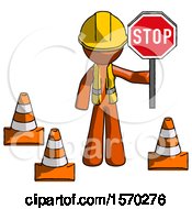 Poster, Art Print Of Orange Construction Worker Contractor Man Holding Stop Sign By Traffic Cones Under Construction Concept