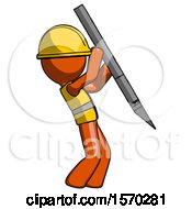 Poster, Art Print Of Orange Construction Worker Contractor Man Stabbing Or Cutting With Scalpel