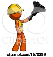 Orange Construction Worker Contractor Man Dusting With Feather Duster Upwards