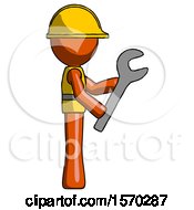 Poster, Art Print Of Orange Construction Worker Contractor Man Using Wrench Adjusting Something To Right