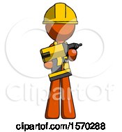 Poster, Art Print Of Orange Construction Worker Contractor Man Holding Large Drill