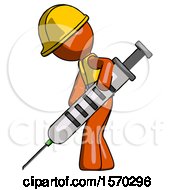 Poster, Art Print Of Orange Construction Worker Contractor Man Using Syringe Giving Injection