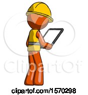 Poster, Art Print Of Orange Construction Worker Contractor Man Looking At Tablet Device Computer Facing Away