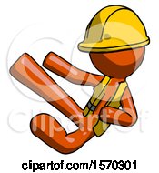 Poster, Art Print Of Orange Construction Worker Contractor Man Flying Ninja Kick Left