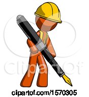 Poster, Art Print Of Orange Construction Worker Contractor Man Drawing Or Writing With Large Calligraphy Pen