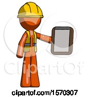 Poster, Art Print Of Orange Construction Worker Contractor Man Showing Clipboard To Viewer