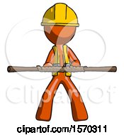 Poster, Art Print Of Orange Construction Worker Contractor Man Bo Staff Kung Fu Defense Pose