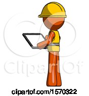 Poster, Art Print Of Orange Construction Worker Contractor Man Looking At Tablet Device Computer With Back To Viewer