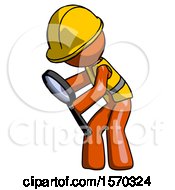 Poster, Art Print Of Orange Construction Worker Contractor Man Inspecting With Large Magnifying Glass Left