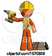 Poster, Art Print Of Orange Construction Worker Contractor Man Holding Drill Ready To Work Toolchest And Tools To Right