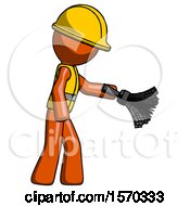 Orange Construction Worker Contractor Man Dusting With Feather Duster Downwards