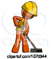 Poster, Art Print Of Orange Construction Worker Contractor Man Cleaning Services Janitor Sweeping Side View