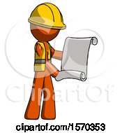 Poster, Art Print Of Orange Construction Worker Contractor Man Holding Blueprints Or Scroll