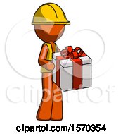 Poster, Art Print Of Orange Construction Worker Contractor Man Giving A Present