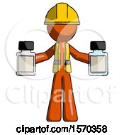 Poster, Art Print Of Orange Construction Worker Contractor Man Holding Two Medicine Bottles