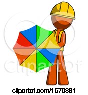 Poster, Art Print Of Orange Construction Worker Contractor Man Holding Rainbow Umbrella Out To Viewer