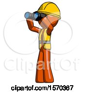 Orange Construction Worker Contractor Man Looking Through Binoculars To The Left