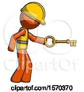 Poster, Art Print Of Orange Construction Worker Contractor Man With Big Key Of Gold Opening Something