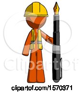 Poster, Art Print Of Orange Construction Worker Contractor Man Holding Giant Calligraphy Pen