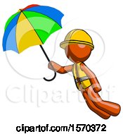 Poster, Art Print Of Orange Construction Worker Contractor Man Flying With Rainbow Colored Umbrella