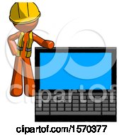 Poster, Art Print Of Orange Construction Worker Contractor Man Beside Large Laptop Computer Leaning Against It