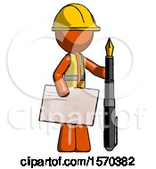 Poster, Art Print Of Orange Construction Worker Contractor Man Holding Large Envelope And Calligraphy Pen