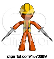 Poster, Art Print Of Orange Construction Worker Contractor Man Two Sword Defense Pose