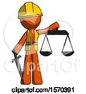 Poster, Art Print Of Orange Construction Worker Contractor Man Justice Concept With Scales And Sword Justicia Derived