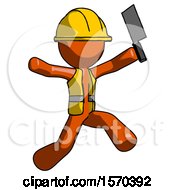 Poster, Art Print Of Orange Construction Worker Contractor Man Psycho Running With Meat Cleaver
