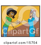 Friendly African American Woman Shaking Hands With An Elderly Gray Haired Caucasian Woman Clipart Illustration