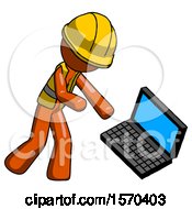 Orange Construction Worker Contractor Man Throwing Laptop Computer In Frustration