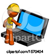 Poster, Art Print Of Orange Construction Worker Contractor Man Using Large Laptop Computer