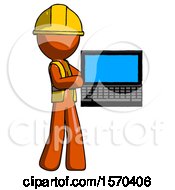 Poster, Art Print Of Orange Construction Worker Contractor Man Holding Laptop Computer Presenting Something On Screen