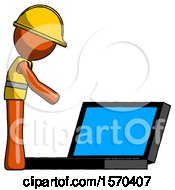 Poster, Art Print Of Orange Construction Worker Contractor Man Using Large Laptop Computer Side Orthographic View