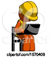 Poster, Art Print Of Orange Construction Worker Contractor Man Using Laptop Computer While Sitting In Chair Angled Right