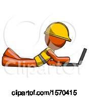 Poster, Art Print Of Orange Construction Worker Contractor Man Using Laptop Computer While Lying On Floor Side View