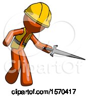 Poster, Art Print Of Orange Construction Worker Contractor Man Sword Pose Stabbing Or Jabbing