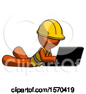 Poster, Art Print Of Orange Construction Worker Contractor Man Using Laptop Computer While Lying On Floor Side Angled View