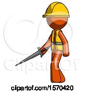 Poster, Art Print Of Orange Construction Worker Contractor Man With Sword Walking Confidently