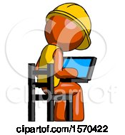 Poster, Art Print Of Orange Construction Worker Contractor Man Using Laptop Computer While Sitting In Chair View From Back