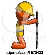 Poster, Art Print Of Orange Construction Worker Contractor Man Kneeling With Ninja Sword Katana Showing Respect
