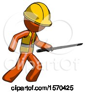 Poster, Art Print Of Orange Construction Worker Contractor Man Stabbing With Ninja Sword Katana