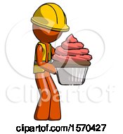 Poster, Art Print Of Orange Construction Worker Contractor Man Holding Large Cupcake Ready To Eat Or Serve